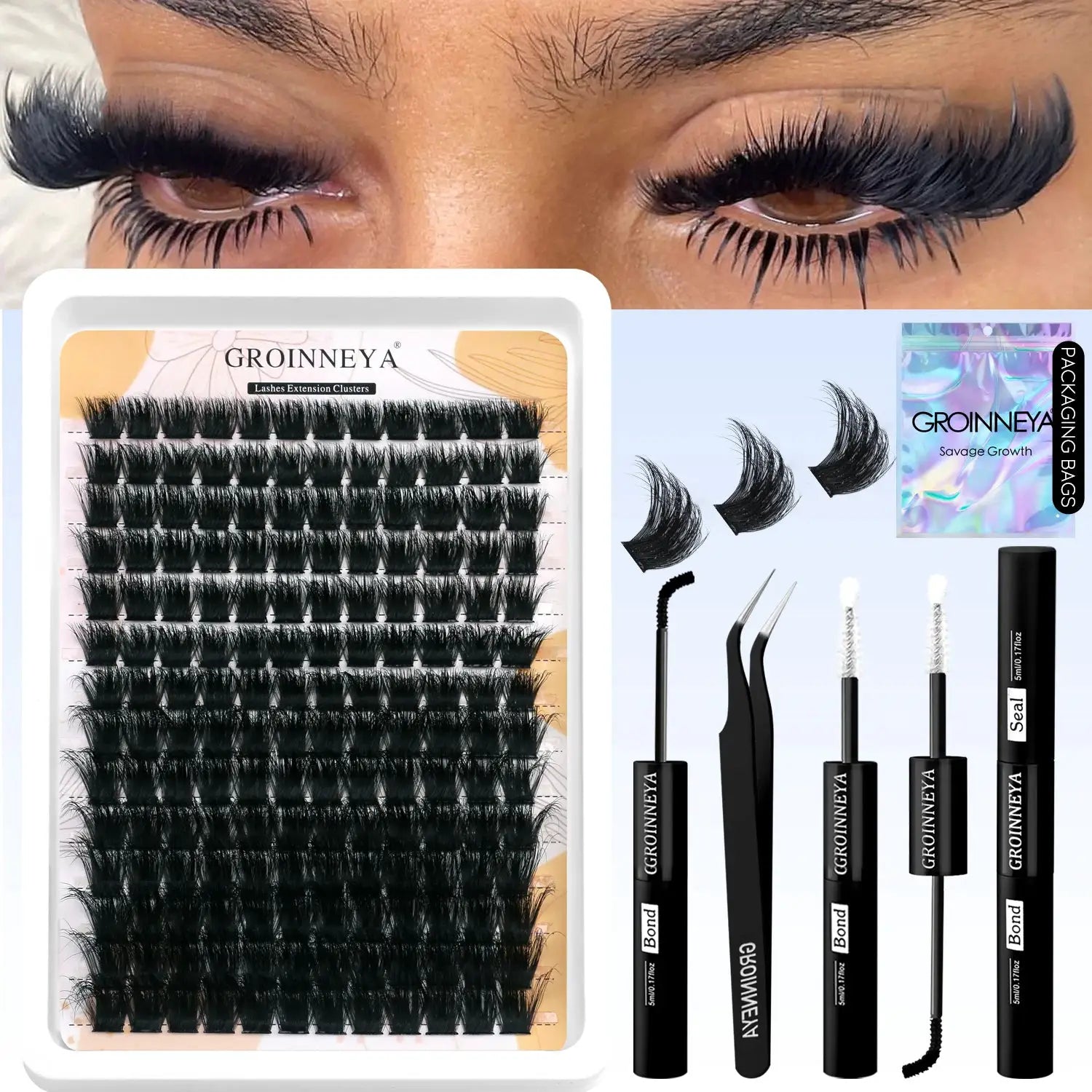 GROINNEYA Lash Clusters Kit Waterproof Strong Hold DIY Lash Extension Kit Bond And Seal Eyelash Tweezers Makeup