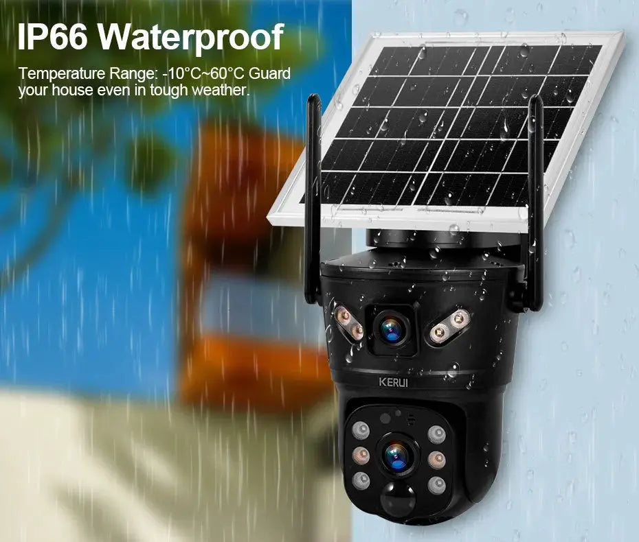 KERUI outdoor waterproof solar security camera with solar panel and dual lenses
