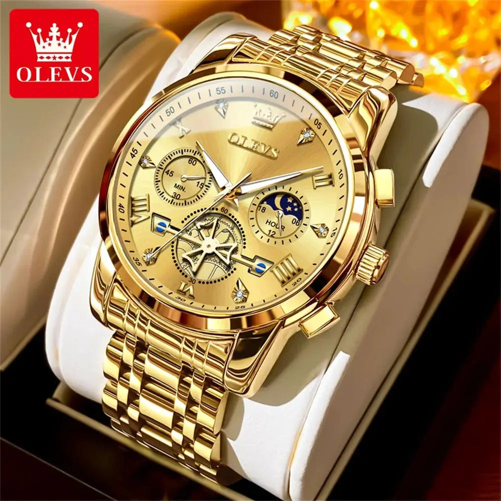 OLEVS men's luxury gold-tone watch with moon phase, Roman numerals, crystal markers, stainless steel bracelet