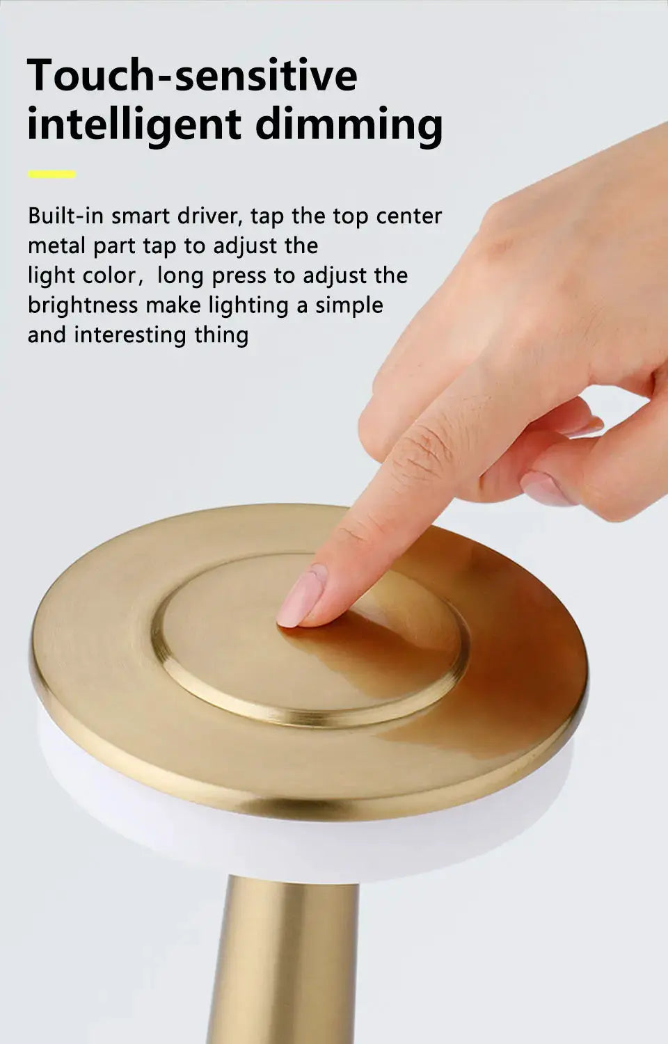 LED table lamp by Simples Market with brass finish; touch-sensitive circular top, rechargeable desk light