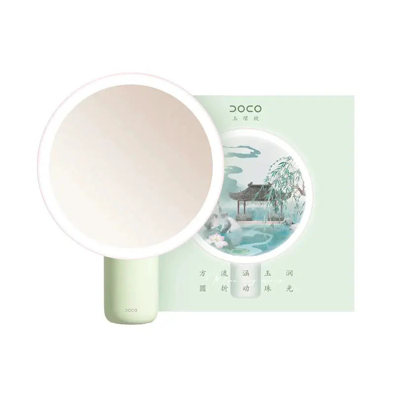 DOCO LED makeup mirror with lights, mint-green body, 8-inch rechargeable tabletop mirror, 82 LEDs