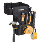 TKIGZNW tool belt pouch in black canvas with orange trim, holding hammer, pliers, screwdriver, and tape measure.