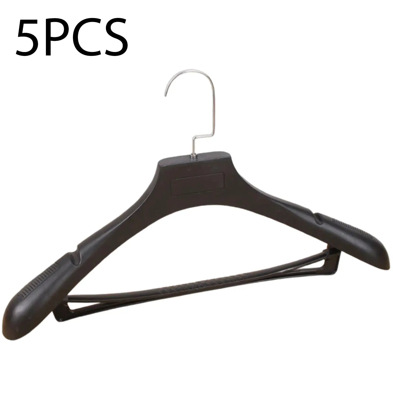 Plastic wide-shoulder clothing hanger with metal hook, black.