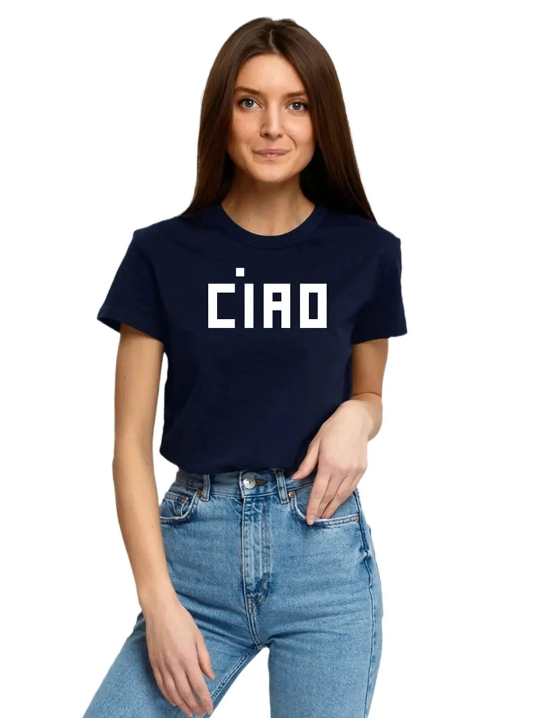 Graphic T-shirt, navy with white CIAD logo on the chest, worn by a smiling model.