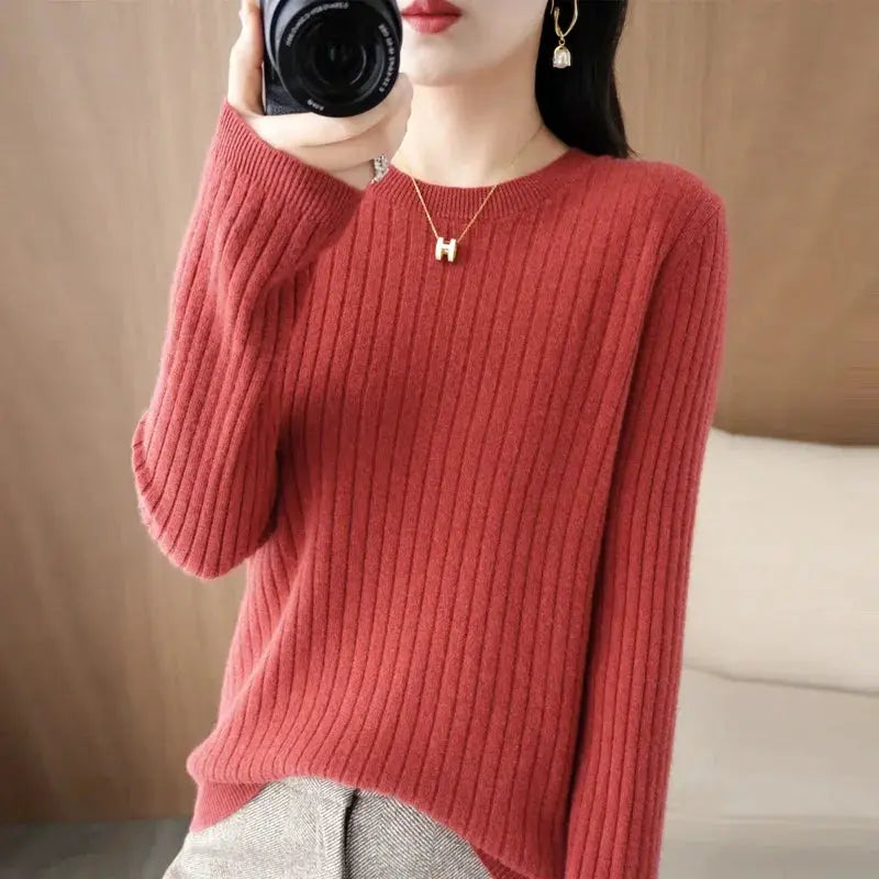 Aurora Knitwear Warm O Neck Stripe Loose Fit Sweater For Autumn Winter Layering Cozy Knit