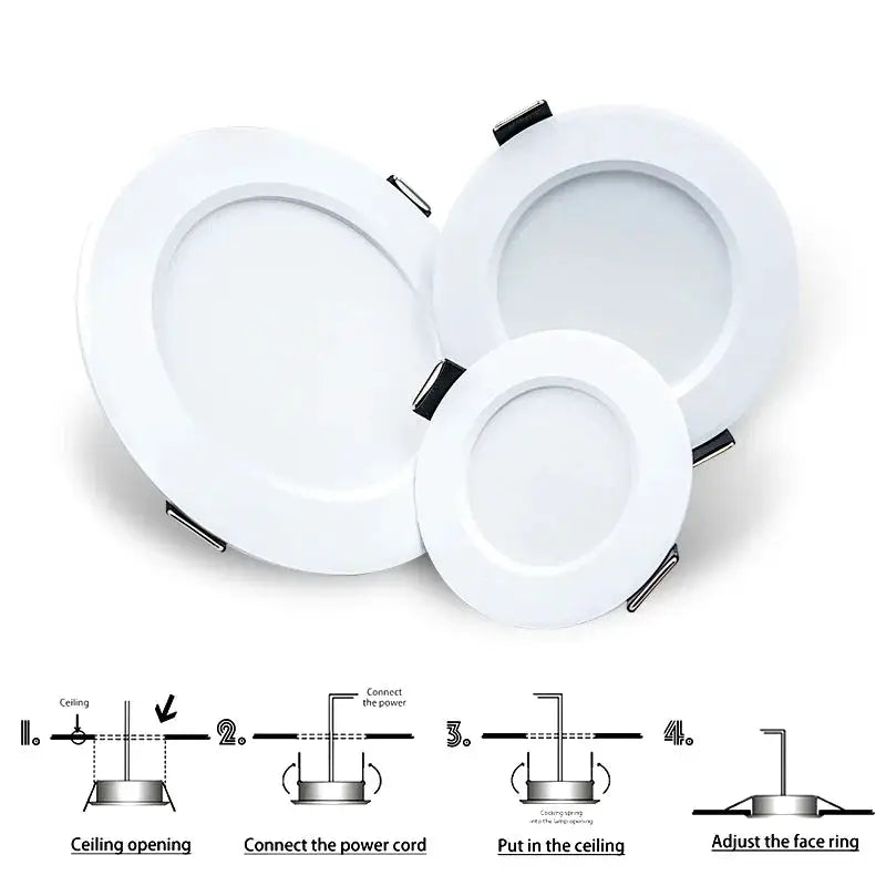 Simples Market three white round LED recessed downlight panels in varying sizes (3–15W)
