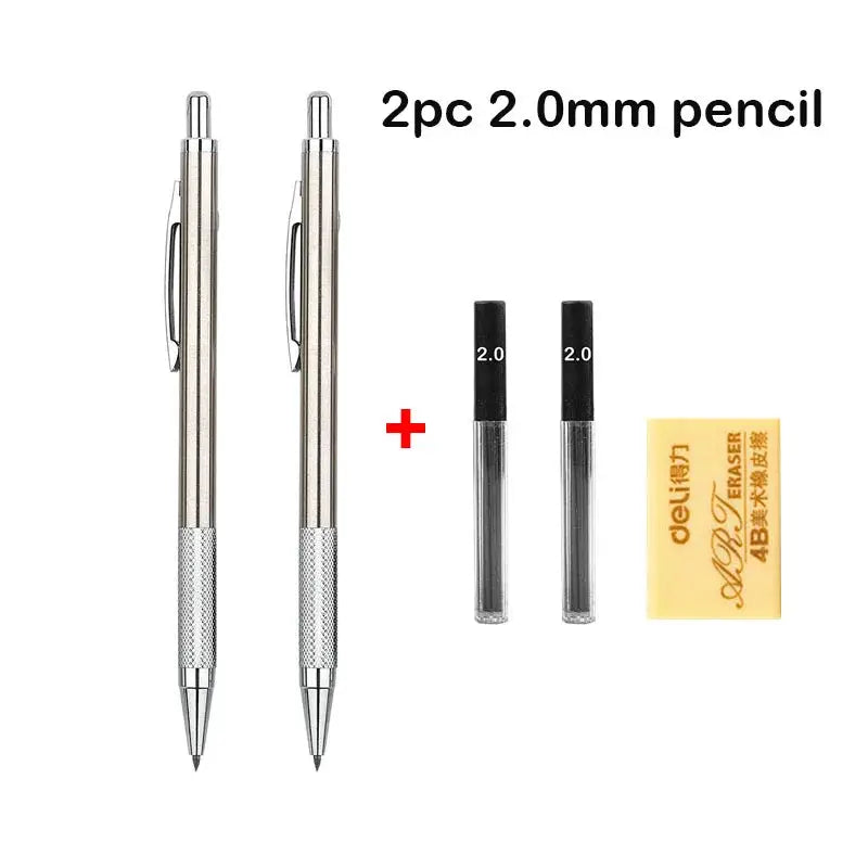 Simples Market mechanical pencil set: two full-metal pencils with clips, plus two 2.0 mm leads and an eraser.