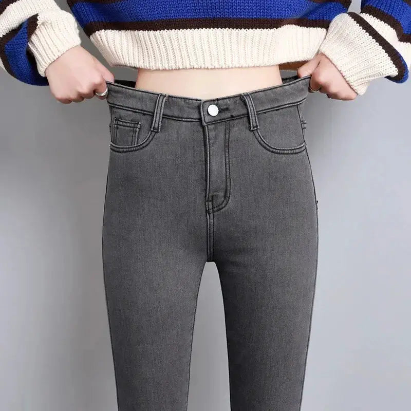 Women Thermal Skinny Jeans With Plush Lining Warm Winter Denim Pants