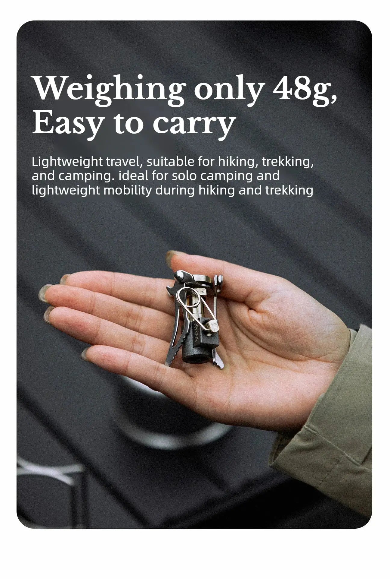 Simples Market MK-3000W mini portable camping gas burner held in hand; compact metal pocket stove for hiking