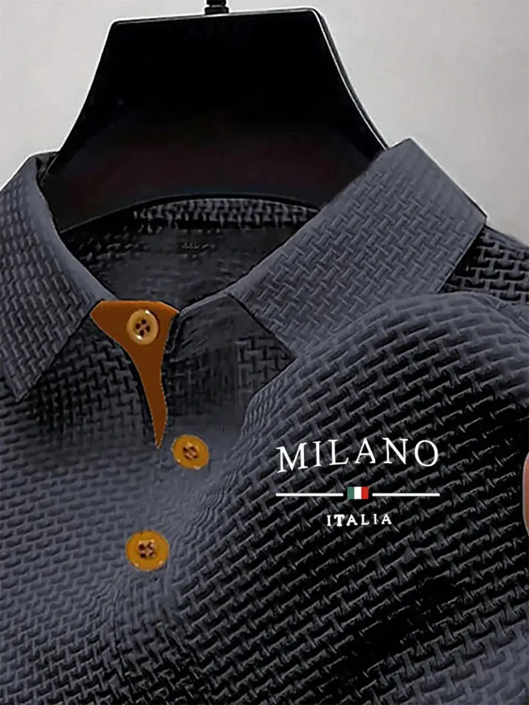 Men's polo shirt by Simples Market; textured dark gray fabric with orange placket