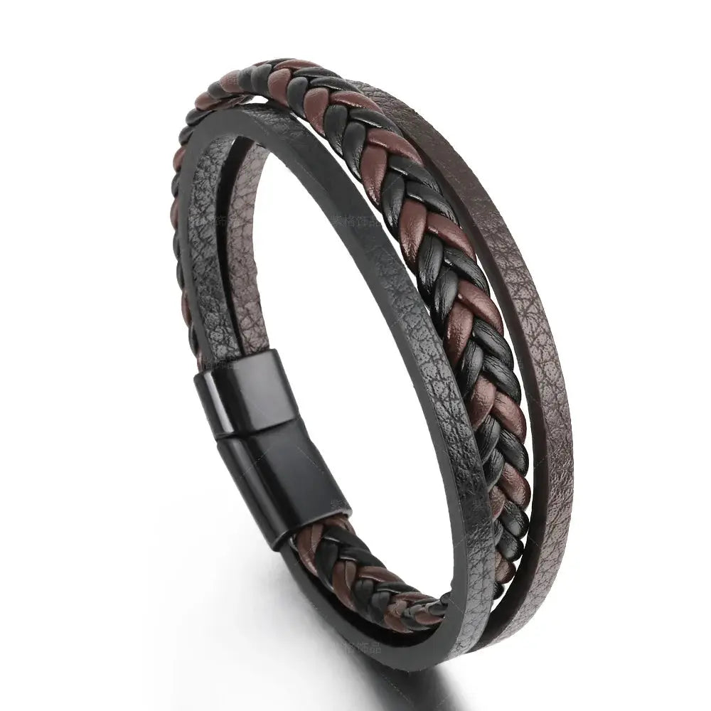 Vintage Multilayer Braided Leather Bracelet For Men Stainless Steel Rope Design Jewelry Gift