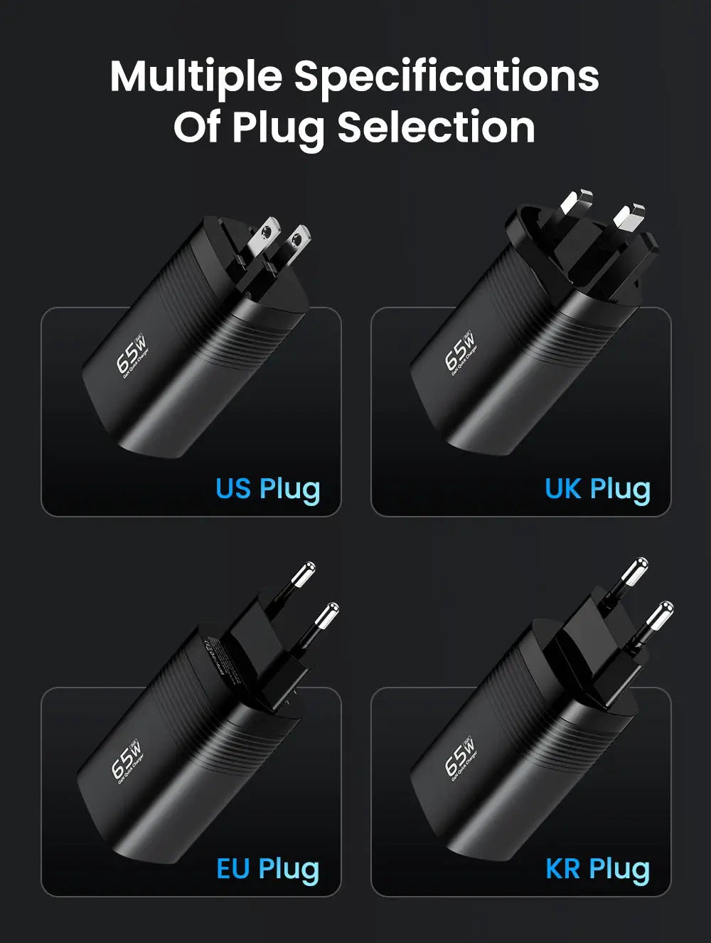 ASOMETECH GaN USB-C 65W charger with US, UK, EU and KR plug options in black