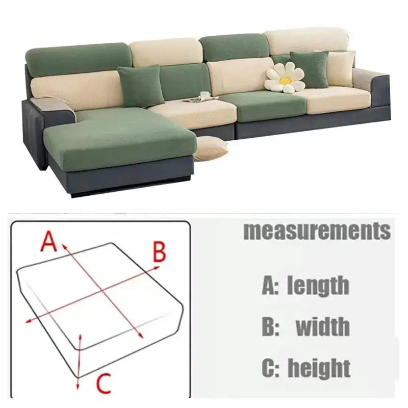 Thick elastic sofa cover by Simples Market for L-shaped living room sofa in green and beige, removable slipcover