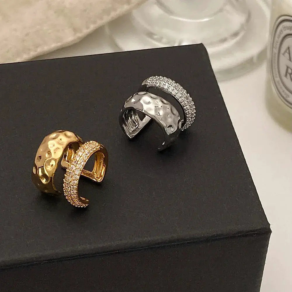 Two-tone gold and silver ear bone clips with rhinestones, double-layered fashion jewelry for women