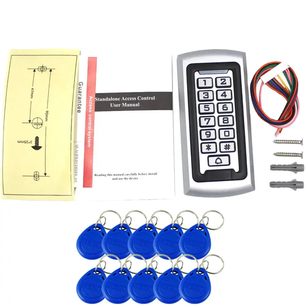 LED backlit metal keypad RFID reader, 125kHz Wiegand standalone access control by Simples Market with 12 blue key fobs