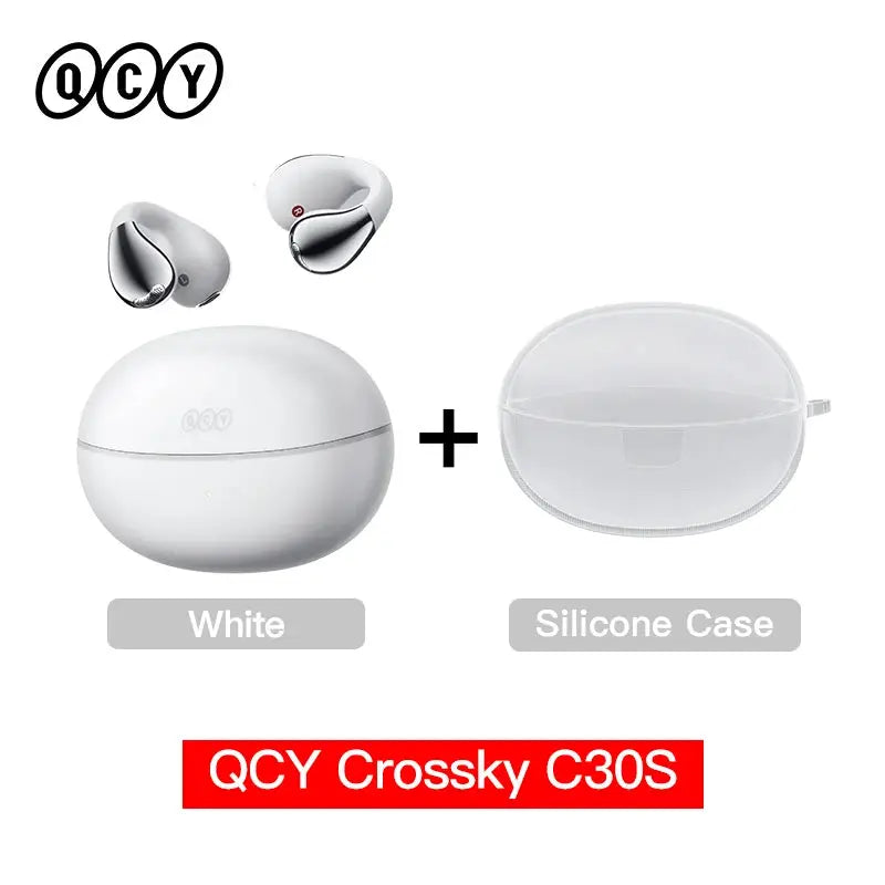 QCY Crossky C30S open-ear wireless earphones in white with round charging case and silicone case
