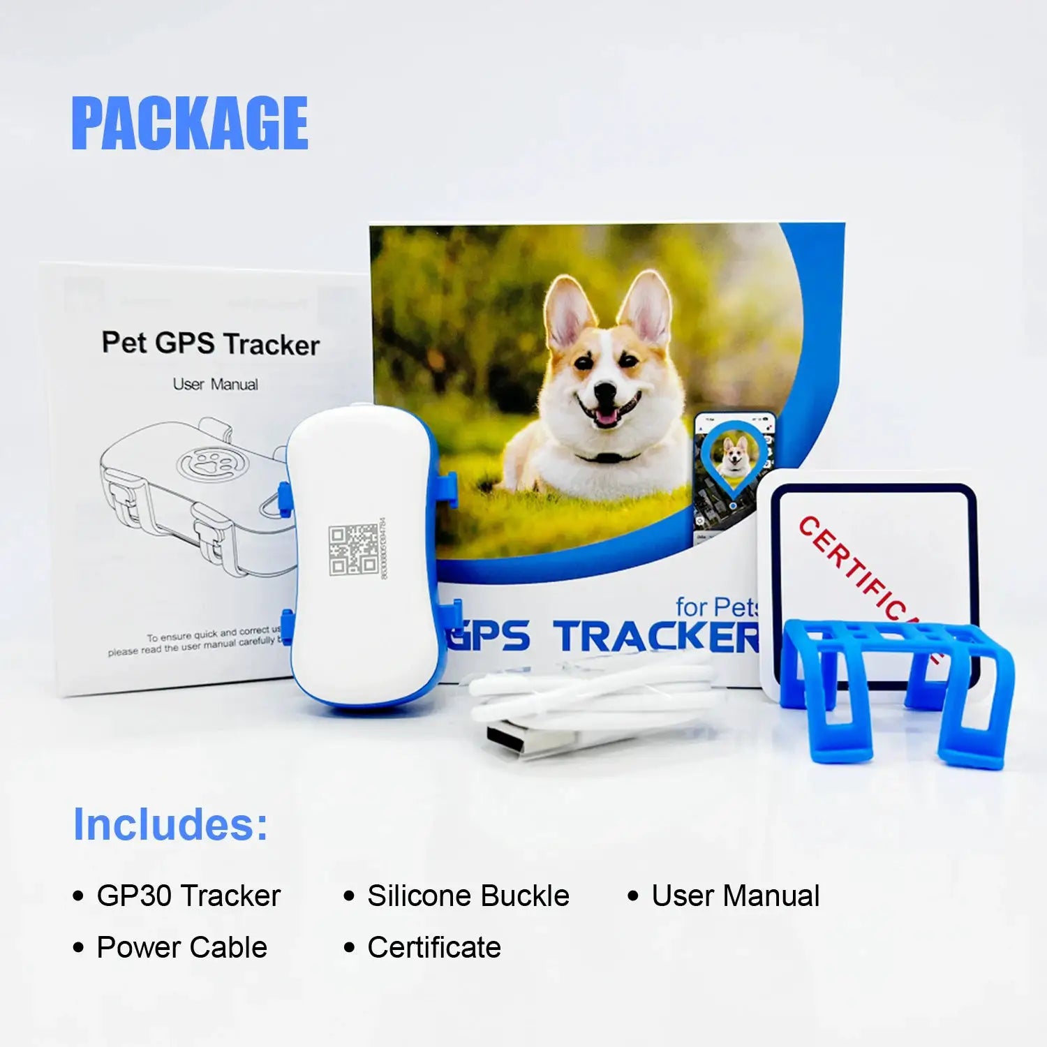 GPS Pet Tracker kit by Simples Market; white tracker with blue accents, manual, certificate, USB cable, and corgi packaging.