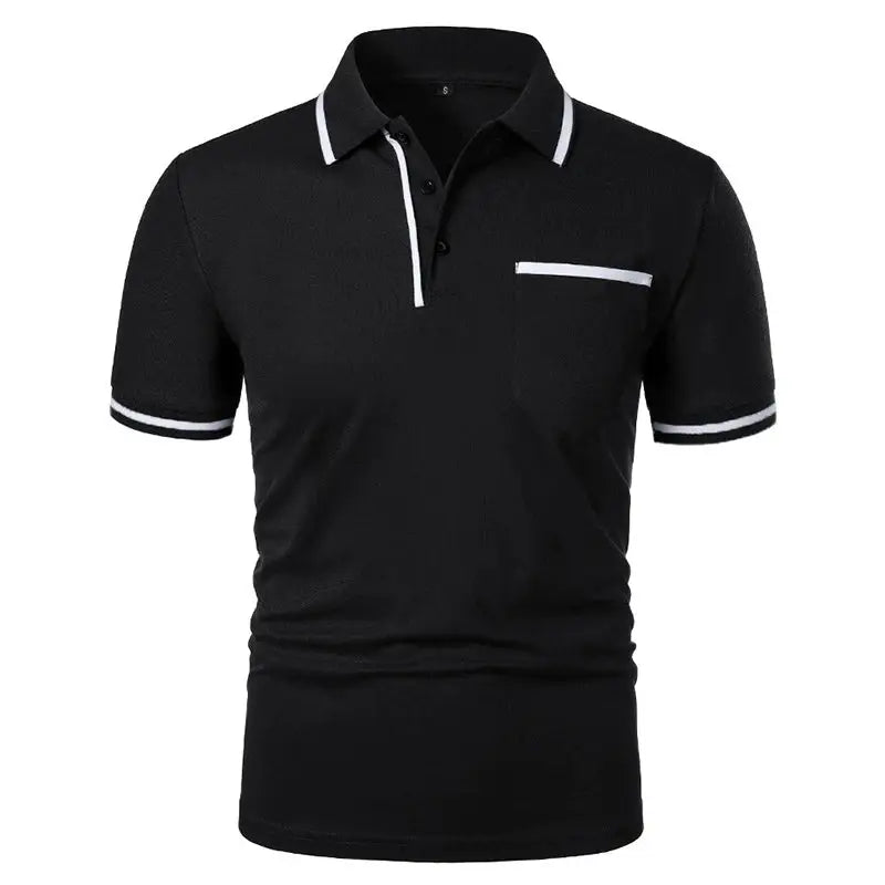 Men's black polo shirt with white collar and sleeve trim and a white-trimmed chest pocket
