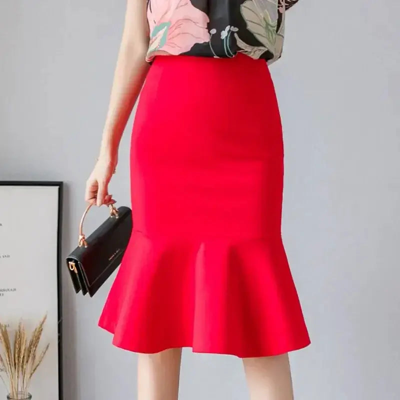 Women's red high-waist midi skirt with ruffle flare by Simples Market