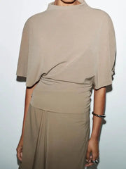 Elegant Two Piece Set High Neck Crop Top With Irregular Pleated Skirt