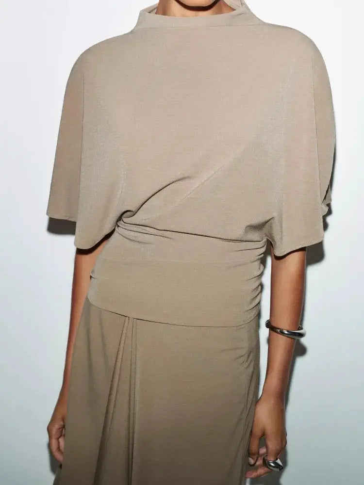 Elegant Two Piece Set High Neck Crop Top With Irregular Pleated Skirt
