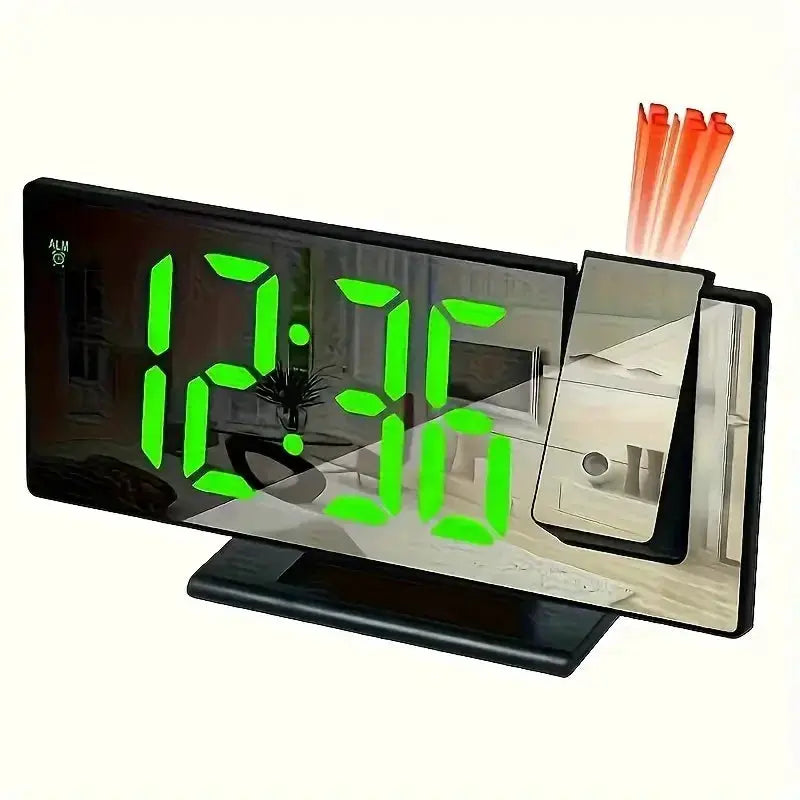 Projection alarm clock with large mirrored display and bright green LED digits, 180° back and ceiling projection