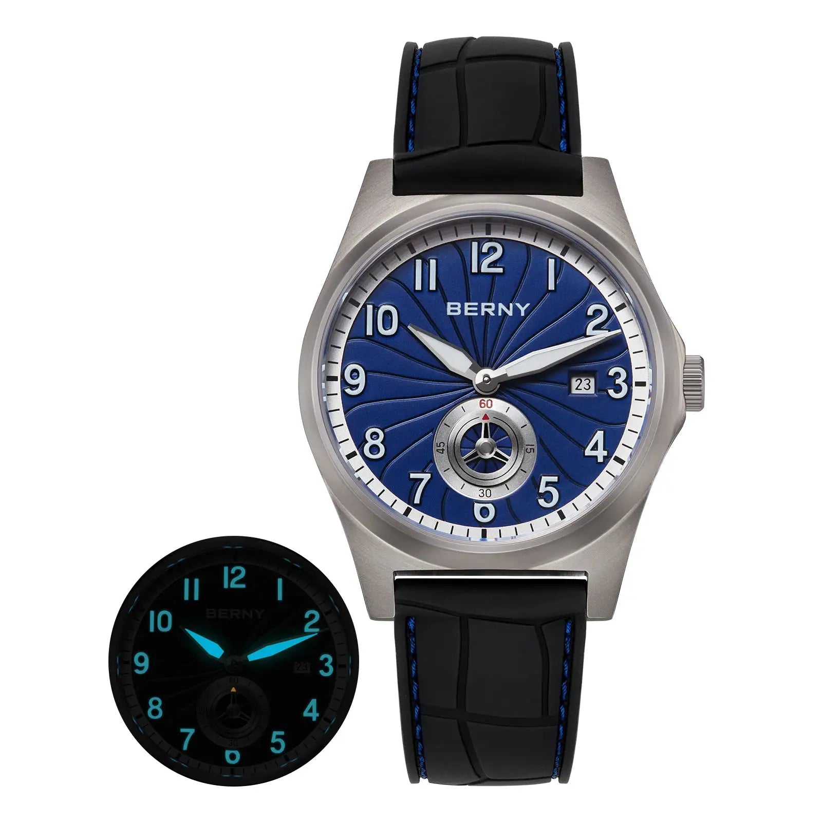 BERNY titanium automatic men's watch with blue sunburst dial, silver case, black strap with blue stitching