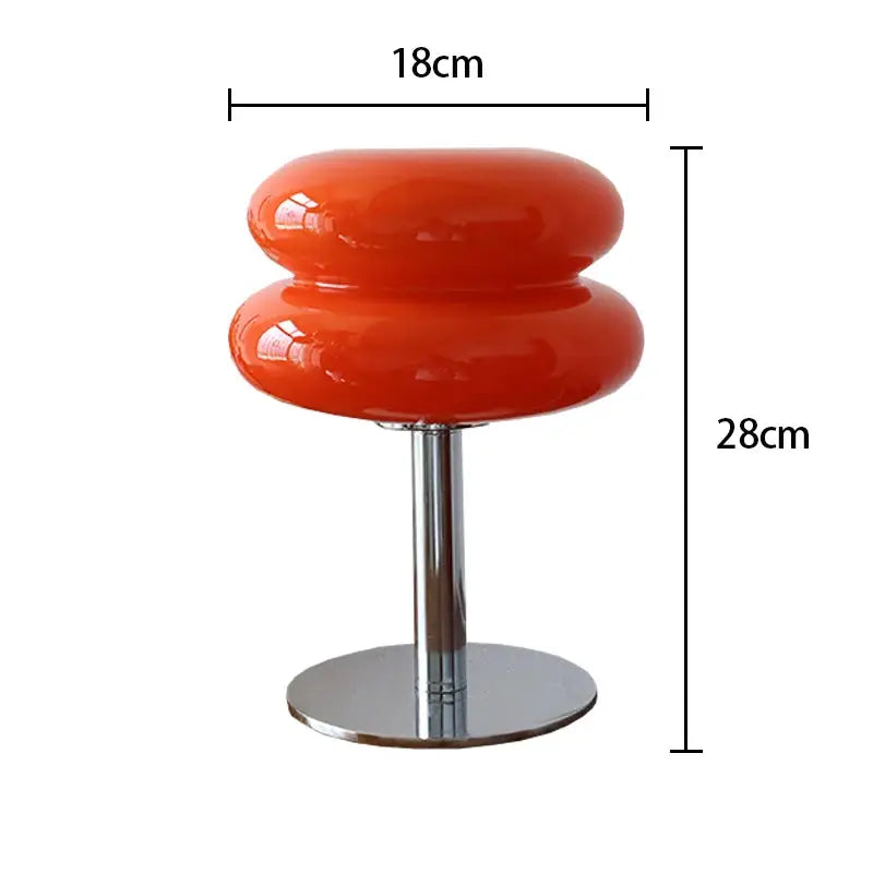 Simples Market Macaron glass table lamp, orange double-lobed shade on chrome base, 28 cm tall, 18 cm diameter.