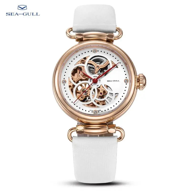 Sea-Gull women's skeleton automatic watch with rose gold case and white leather strap