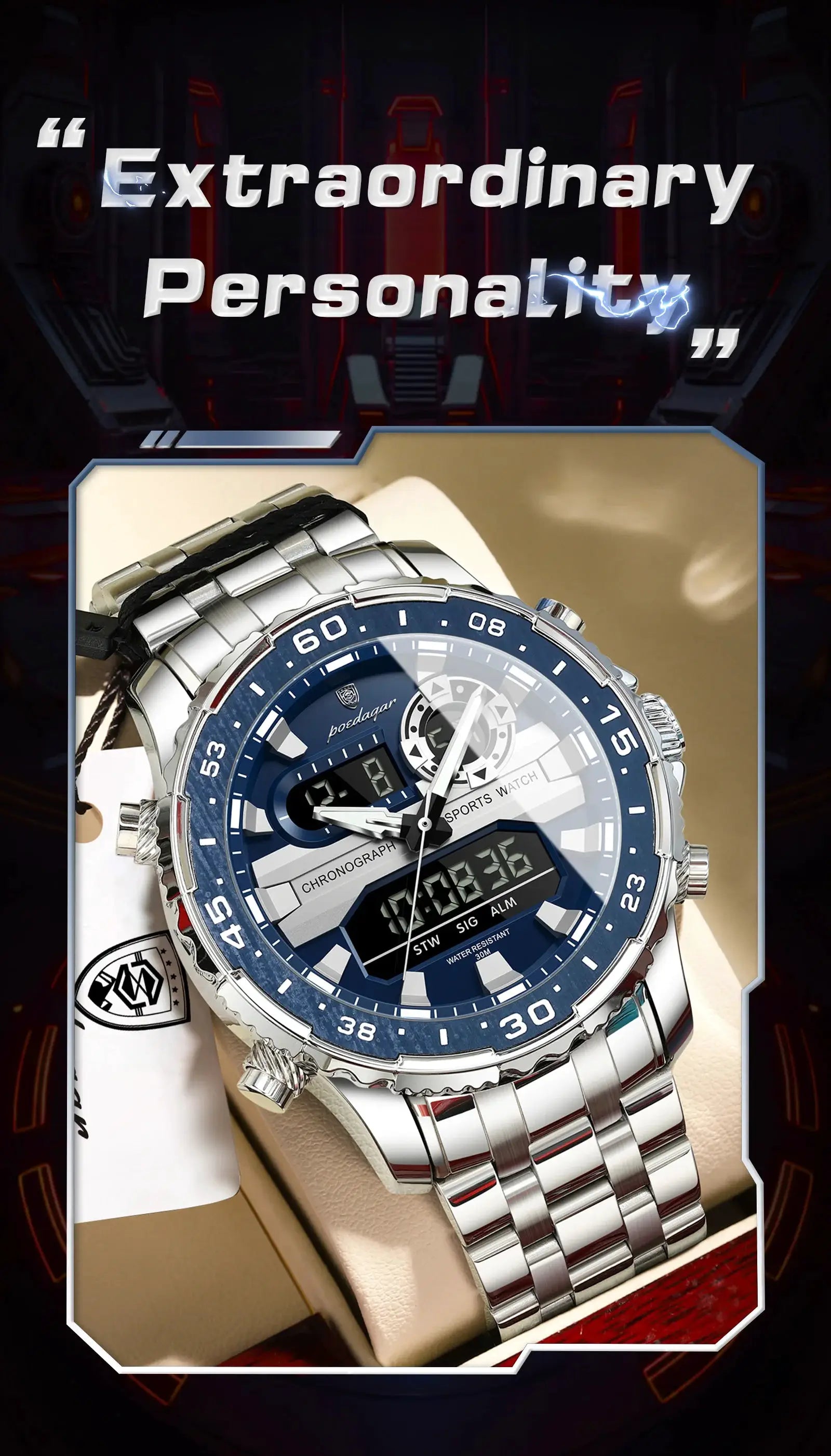 POEDAGAR men's wristwatch, stainless steel band, blue dial, dual digital-analog display, week/date, LED