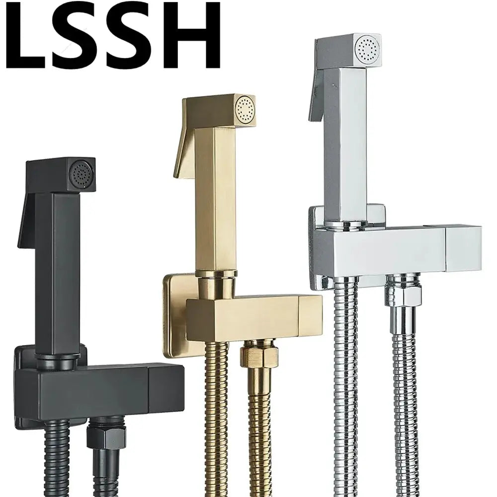 Simples Market bathroom bidet faucet set in black, gold, and chrome finishes with flexible hoses (3 units)