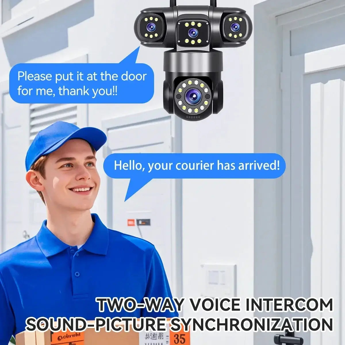 Outdoor WiFi security camera system by Simples Market with 4 lenses, 360° view, 16x zoom, two-way audio