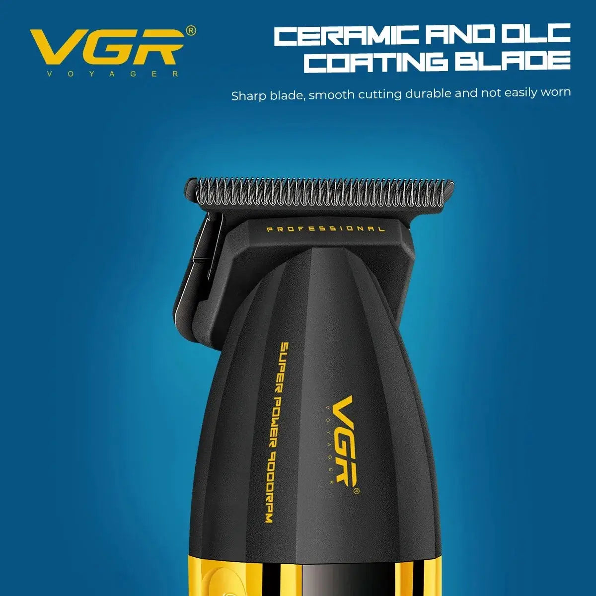 VGR professional hair trimmer with ceramic and DLC coated blade, black and yellow body