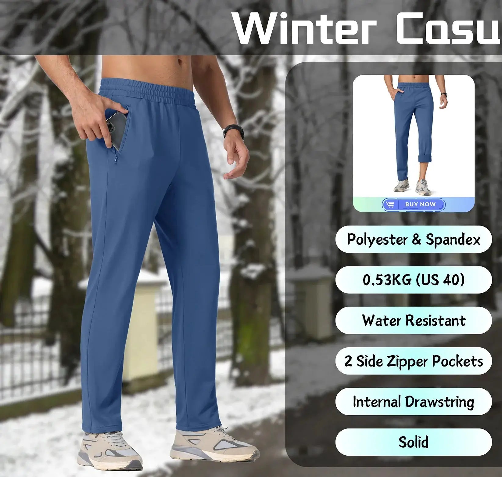 Men's blue winter ski pants with side zip pockets and cuffed hems