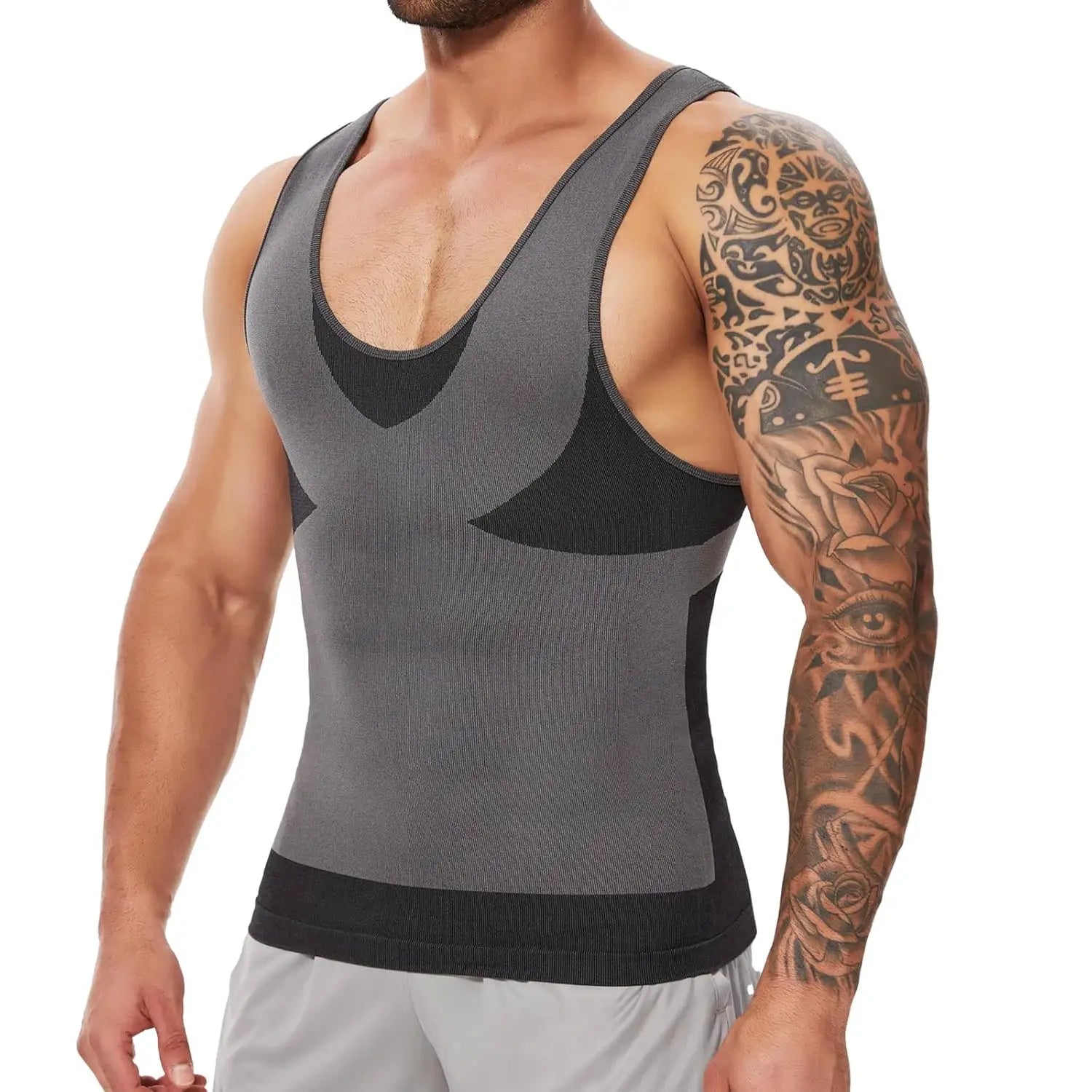Men's shapewear compression tank top by Simples Market in gray with black panel accents