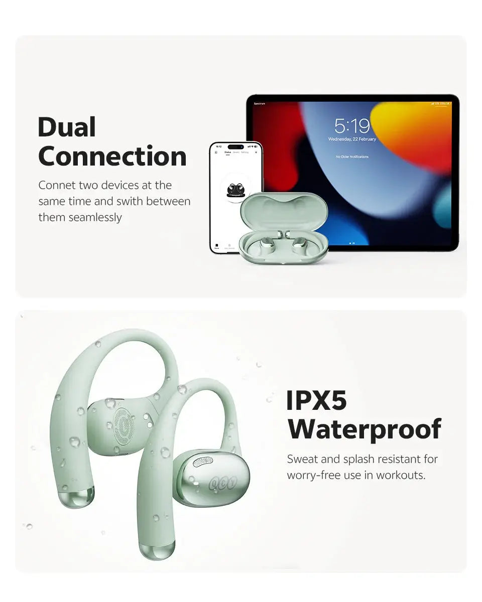 QCY Crossky R70 open-ear wireless headphones in mint green with charging case and dual-device connectivity
