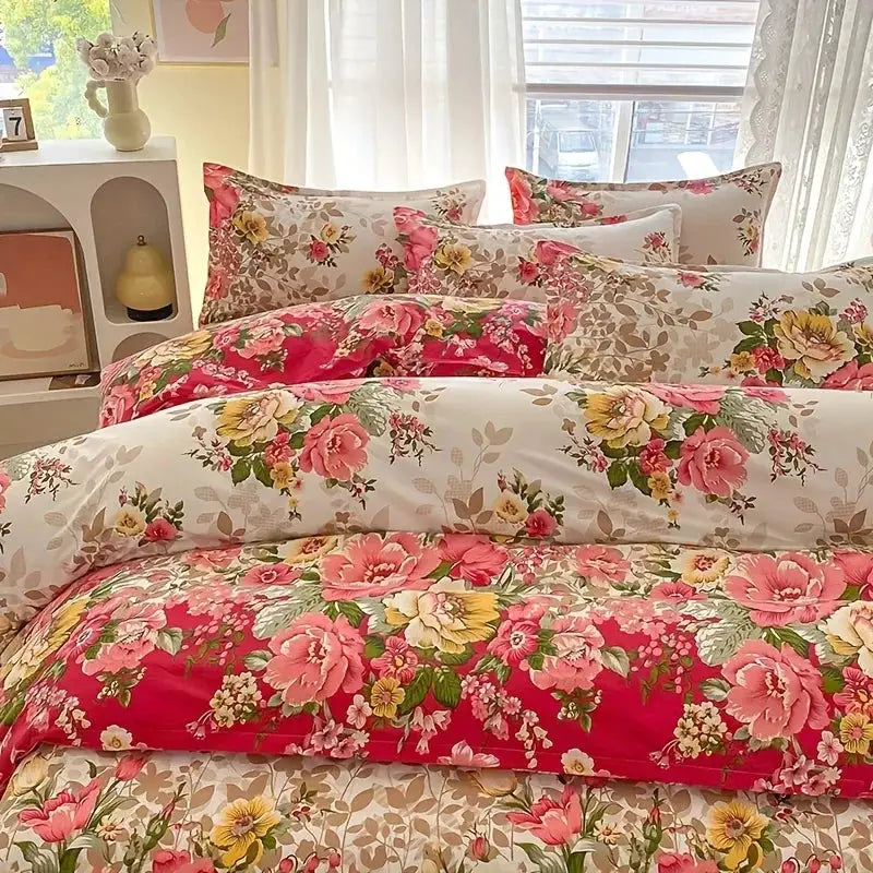 Floral duvet cover set with pink and yellow roses; zipper closure, 3-piece includes duvet cover and two pillowcases