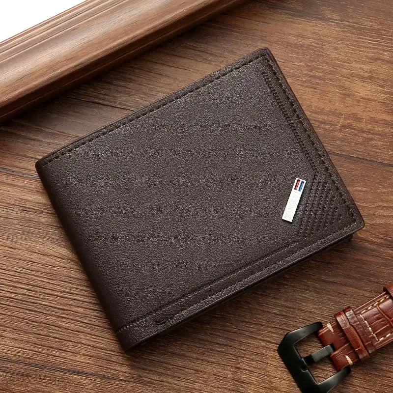Men's dark brown leather slim wallet by Simples Market; compact foldable, minimalist soft leather.