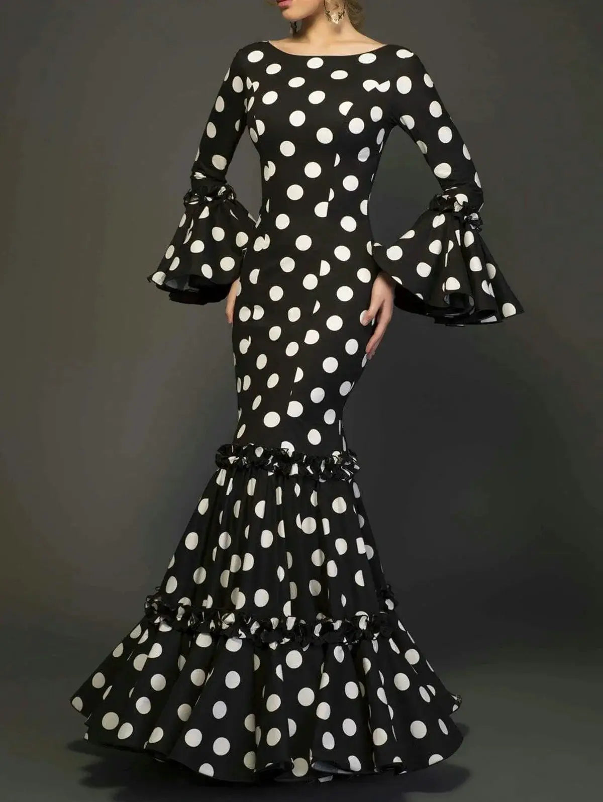 Glamora Polka Dot Fishtail Cotton Blend Evening Dress With Trumpet Sleeves Cascading Ruffle Hem Luxurious Silhouette