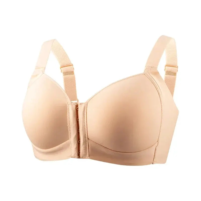 FallSweet wireless front-closure bra in nude, seamless cups by Simples Market.