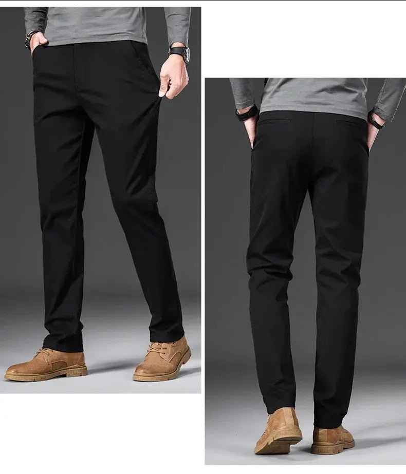 Men's black casual pants by Simples Market, slim straight with elastic waist, front and back views