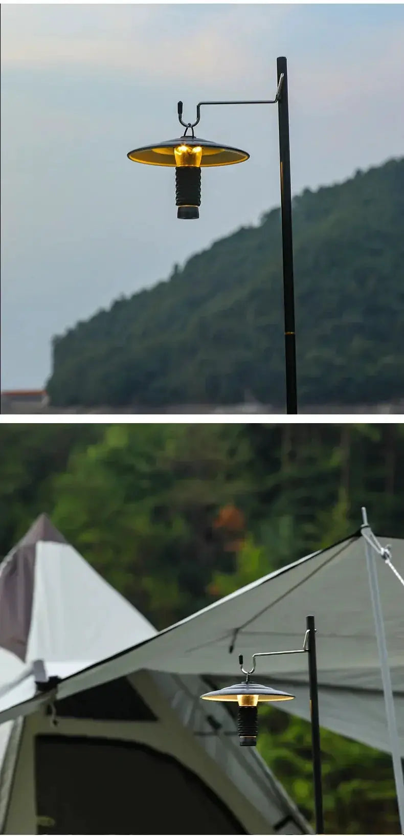 Portable camping lantern by Simples Market with hanging hook and warm glow, metal shade on tripod bracket