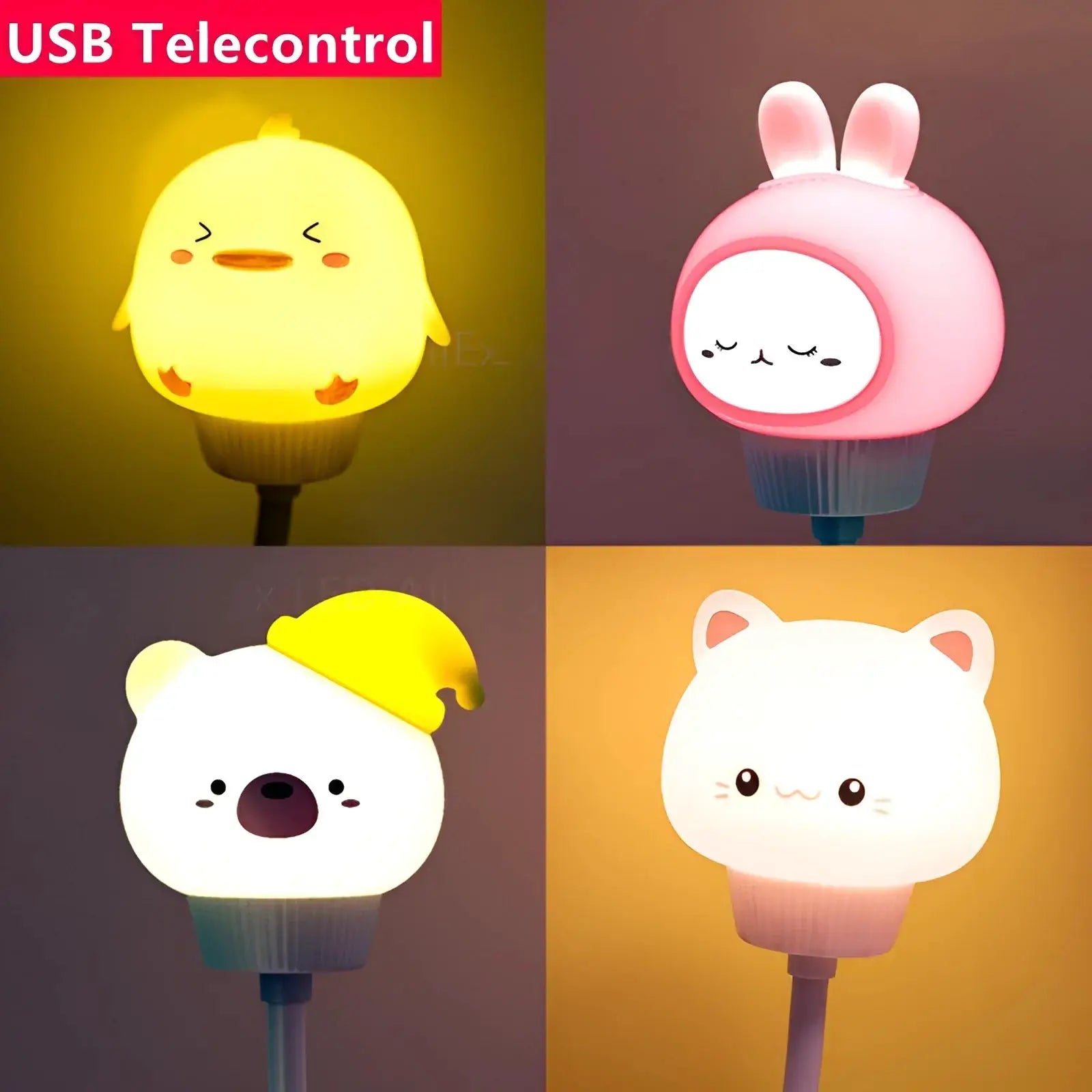 USB night light set of 6 cute cartoon animal lamps by Simples Market; LED bedside lights for baby and kid rooms