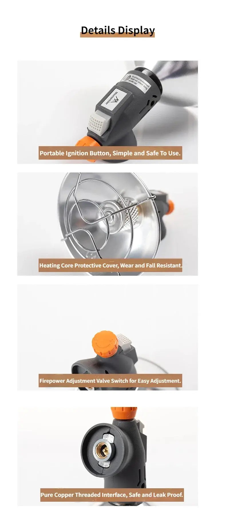 MOUNTAINHIKER portable mini sun gas heating stove, gray body with orange dial for outdoor camping