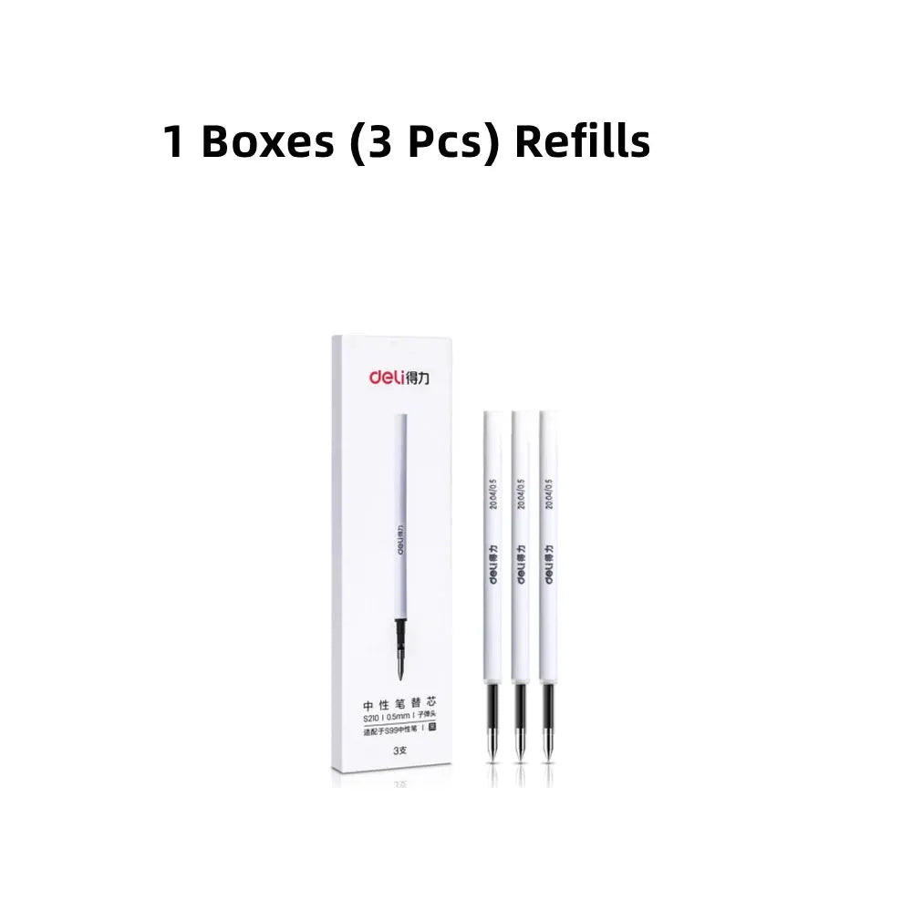 Deli metal sign pen 0.5mm gel ink pens, white barrels with silver metallic finish, set of 3