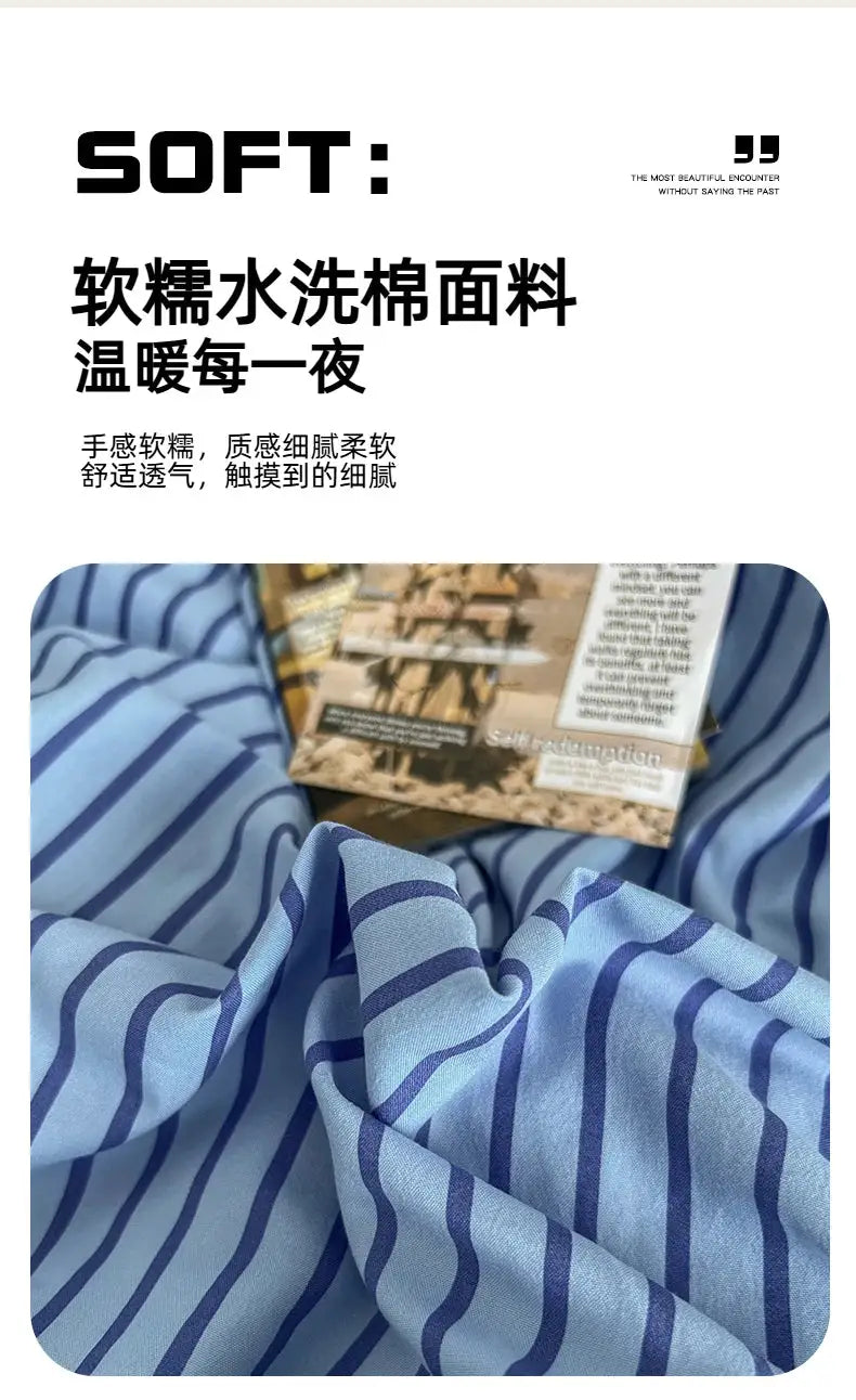 Duvet cover bedding set in INS blue stripe style with pillowcases and bedsheet by Simples Market, soft cotton.
