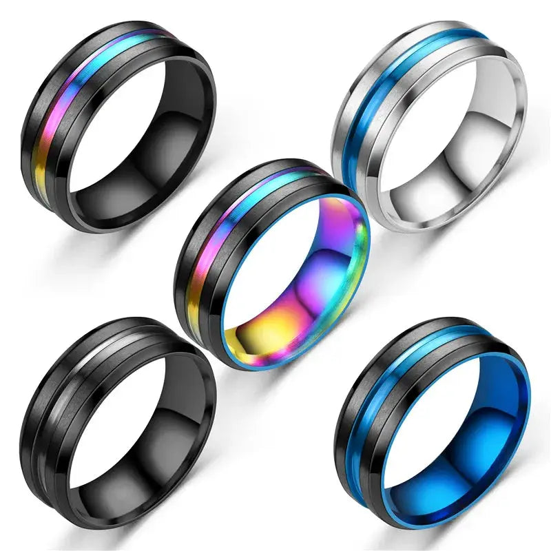 8mm Black Titanium Ring For Men And Unisex Simple Stainless Steel Rainbow Groove Jewelry Gift
