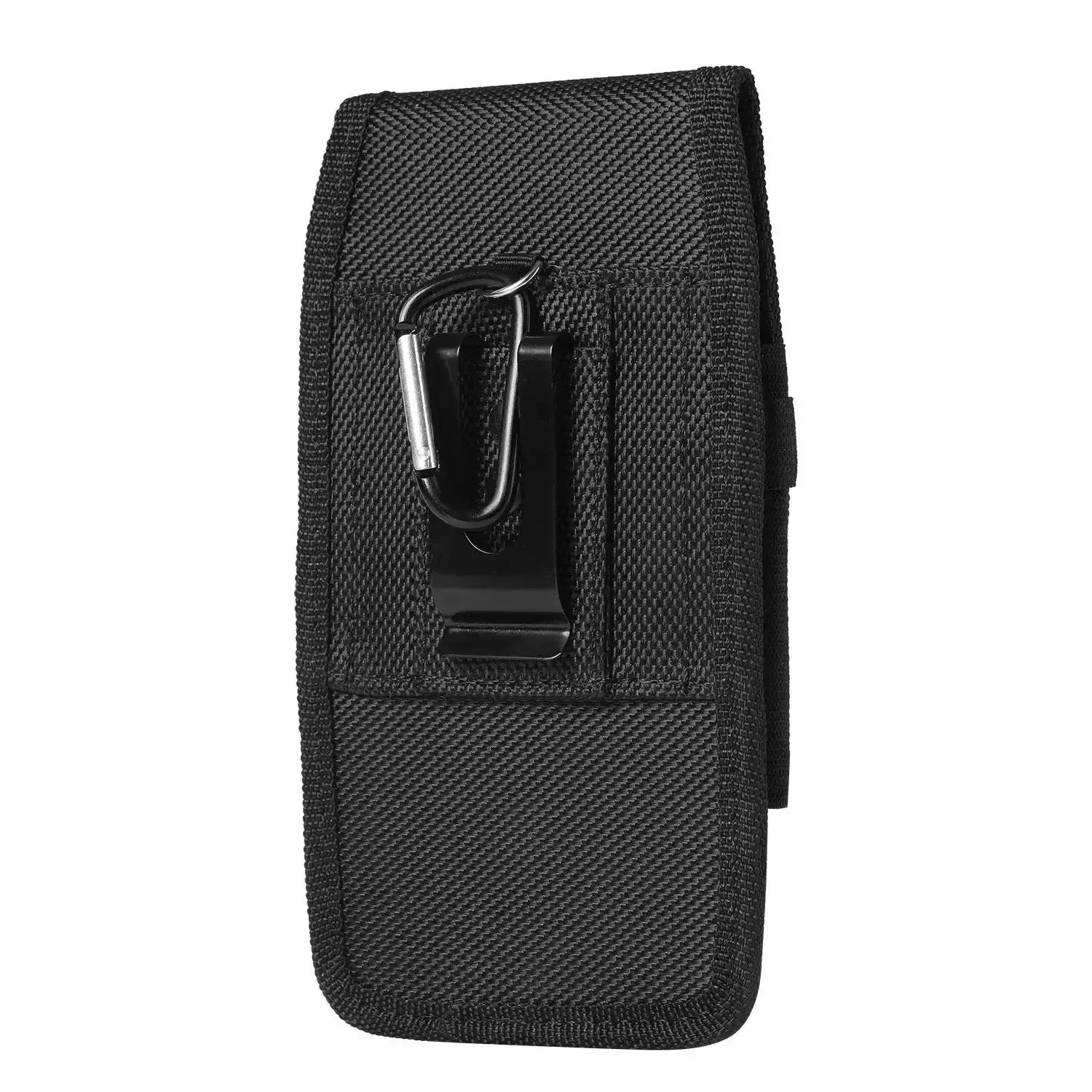 Black nylon phone holster waist bag with belt loop and metal carabiner clip