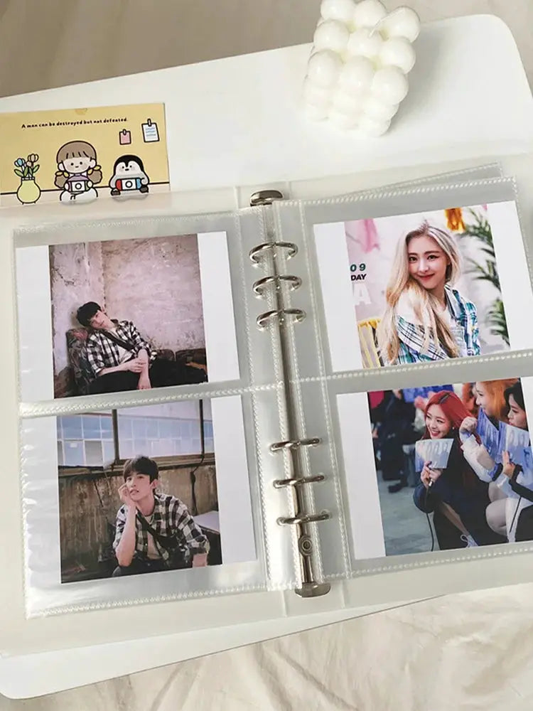 Yoofun A5 binder with clear photo sleeves and metal rings, holds four photos; Simples Market.