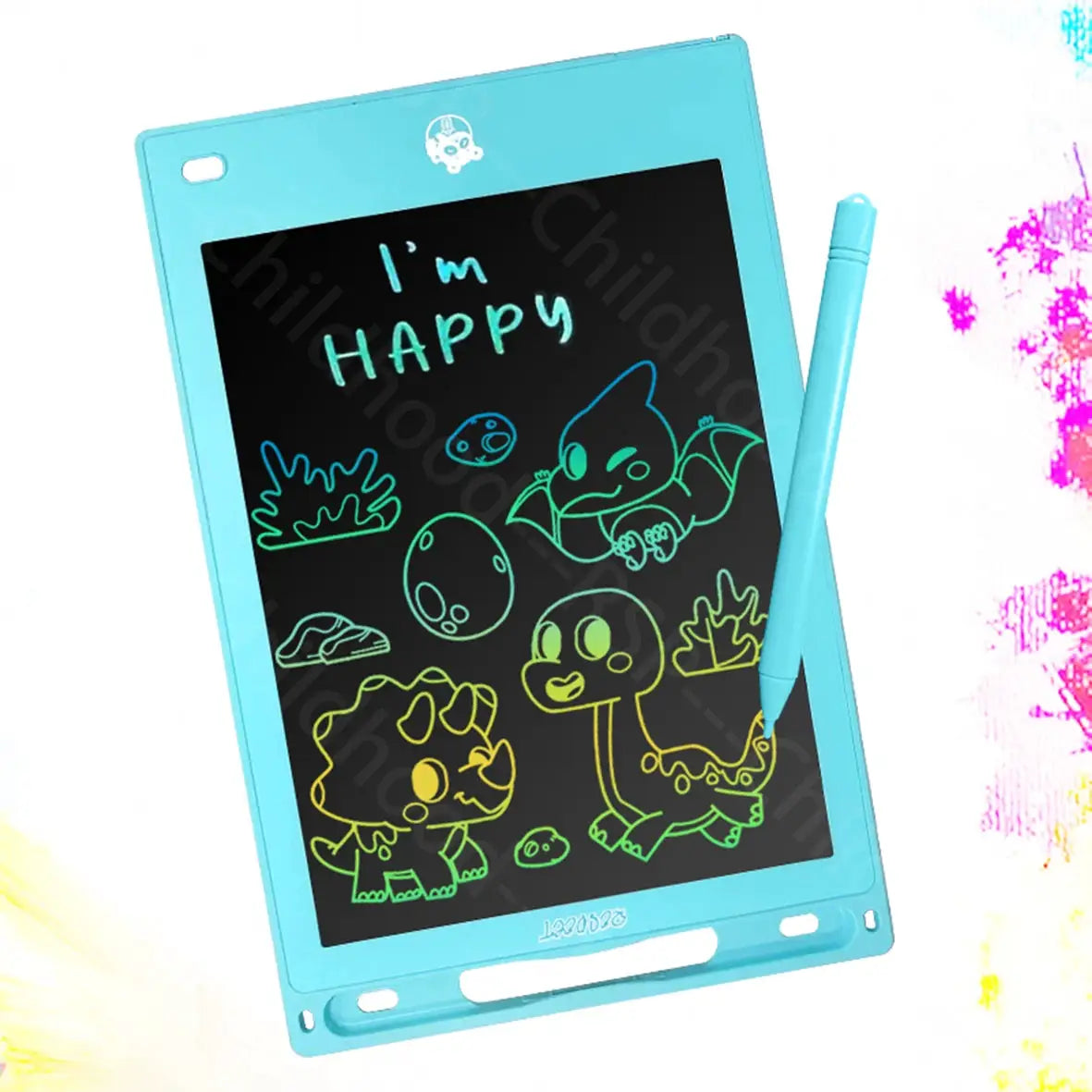 Simples Market turquoise 8.5-inch LCD writing tablet with stylus, kid-friendly drawing board showing dinosaurs